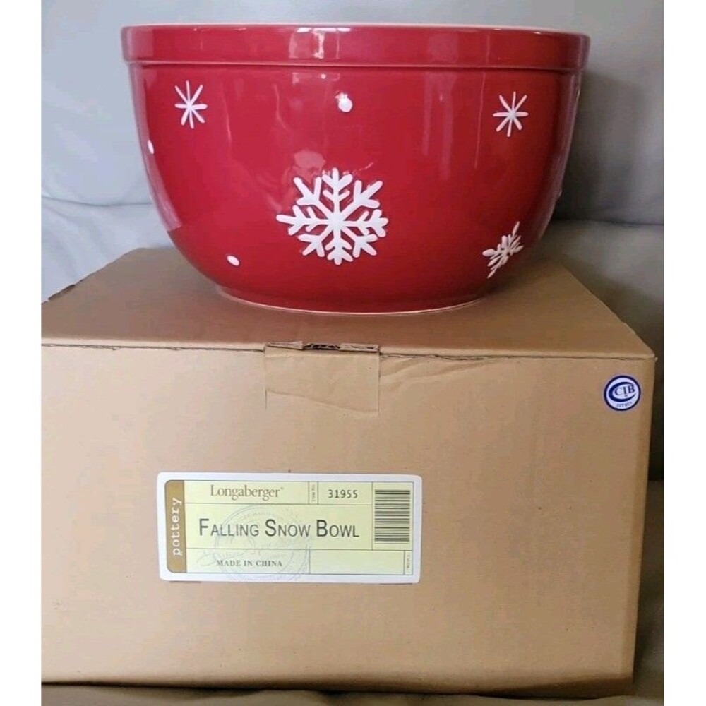 Longaberger Falling Snow Bowl Kitchen Red Snowflake Pottery 31955